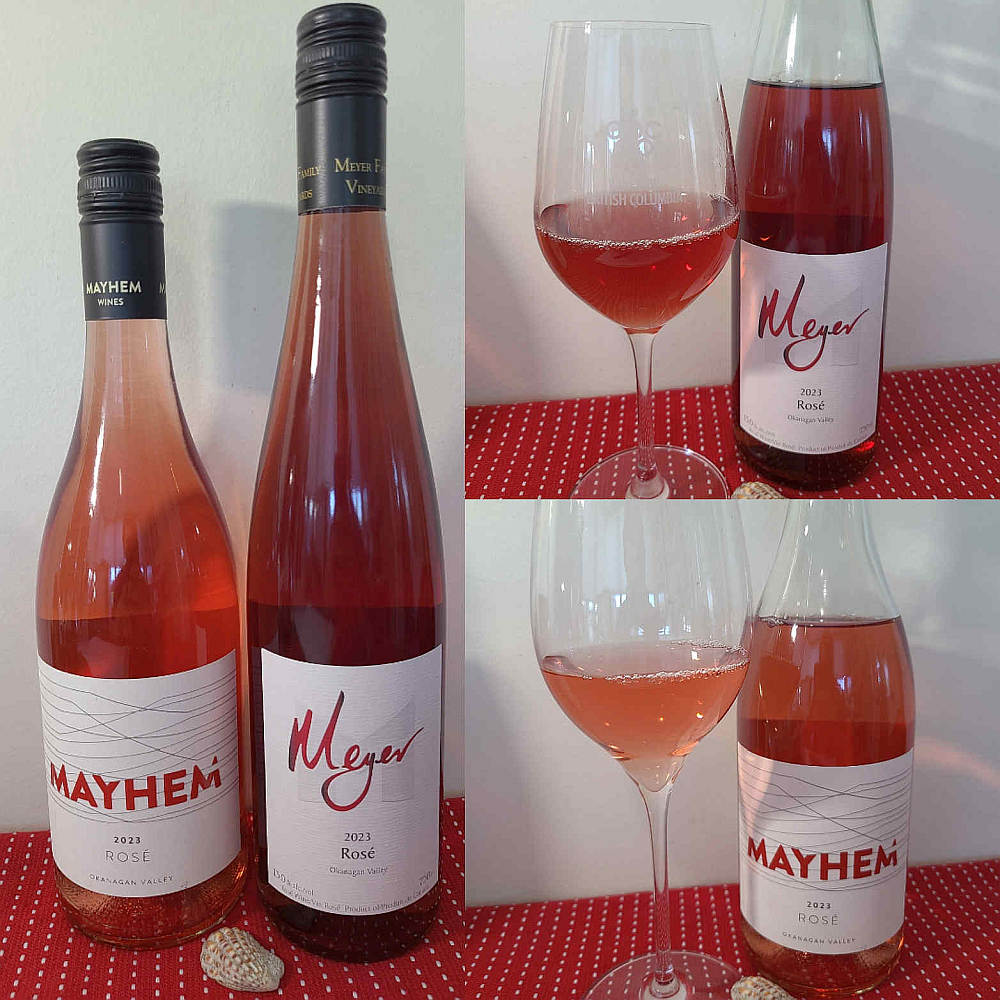 Meyer Rosé 2023 and Mayhem Rosé 2023 with wines in glasses