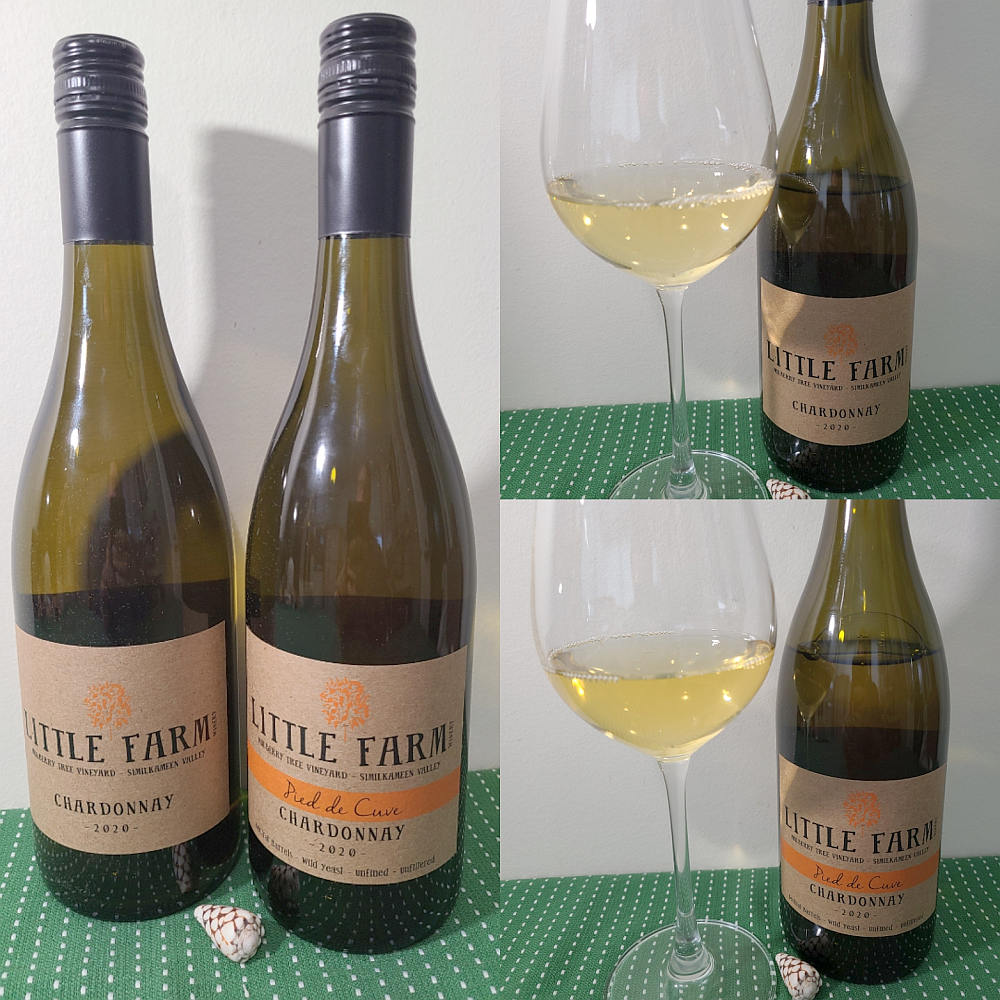 Little Farm Winery Mulberry Tree Vineyard Chardonnay 2020 and Pied de Cuve Chardonnay 2020 with wines in glasses