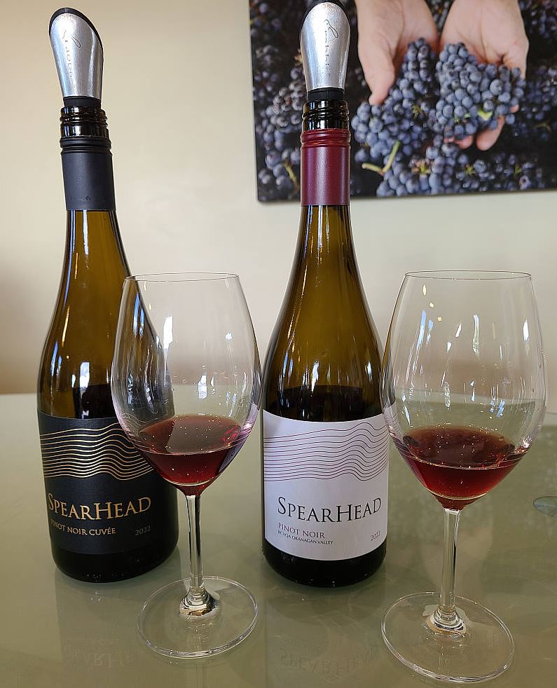 Spearhead Winery Pinot Noir Cuvée 2022 and Pinot Noir 2022 with wines in glasses
