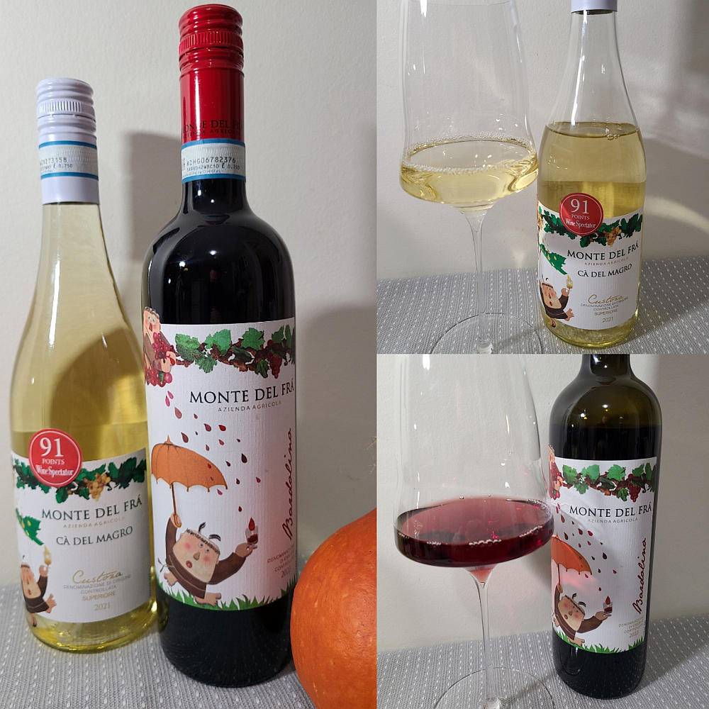 Monte del Fra Ca Del Magro Custoza Superiore 2021 and Bardolino DOC 2023 with wines in glasses