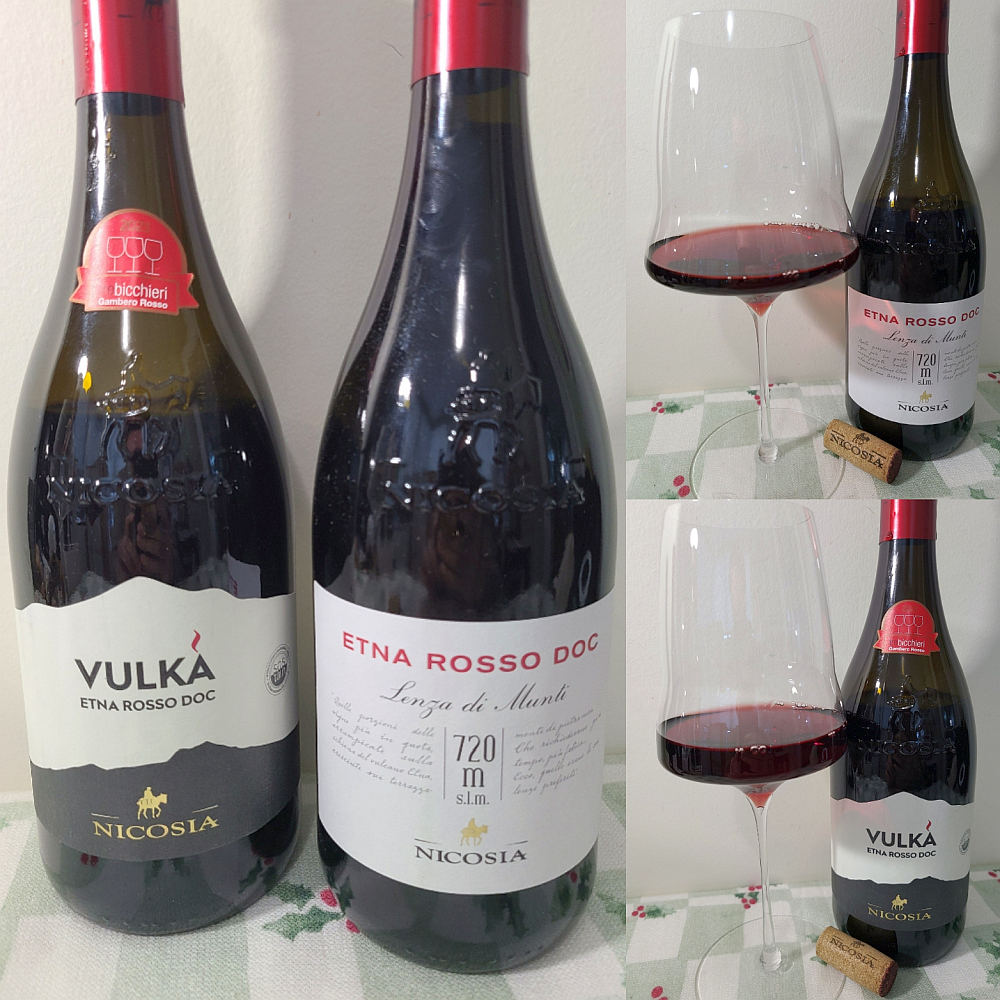 Tenute Nicosia Vulka Etna Rosso DOC 2020 and Lenza di Munti Etna Rosso DOC 2019 with wines in glasses