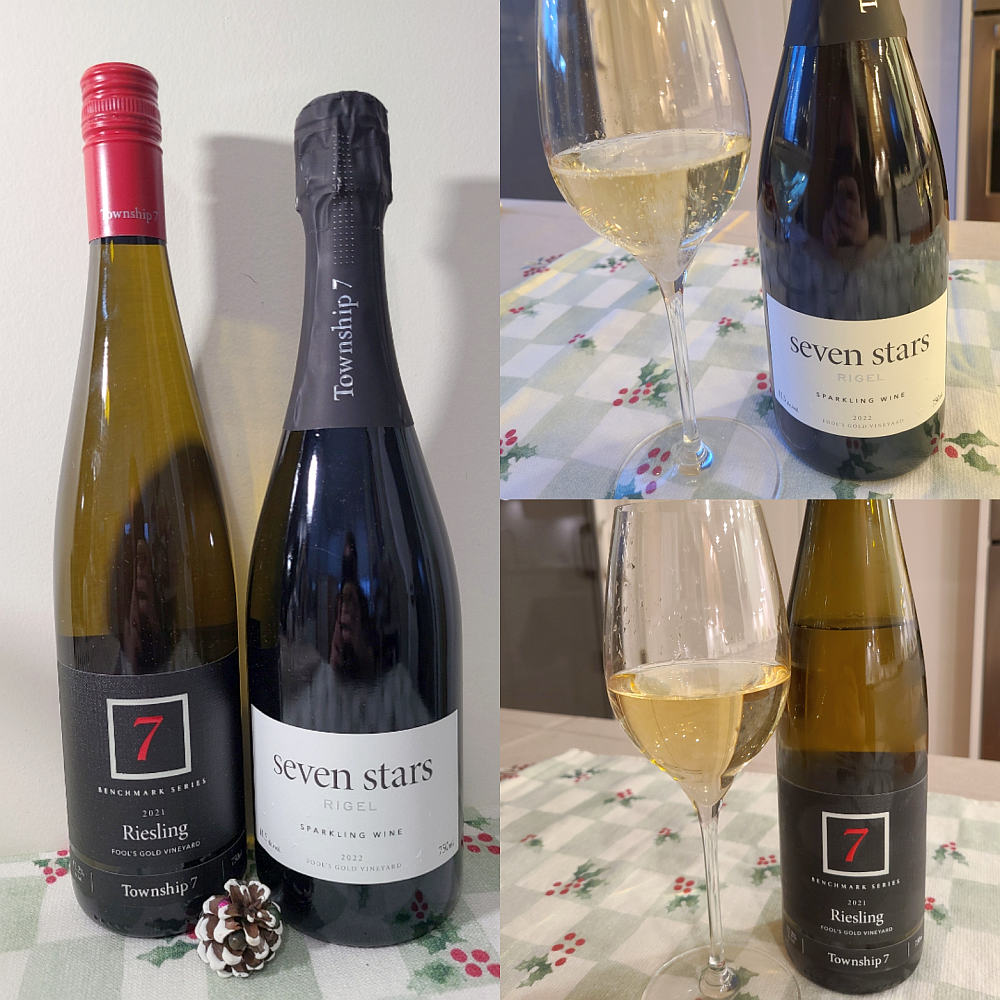 Township 7 Benchmark Series Fool's Gold Vineyard Riesling 2021 and seven stars Fool's Gold Vineyard Rigel Sparkling Wine 2022 with wines in glasses