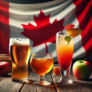 A beer, apple cider, and a cocktail together with a Canadian flag graphic by DALL·E
