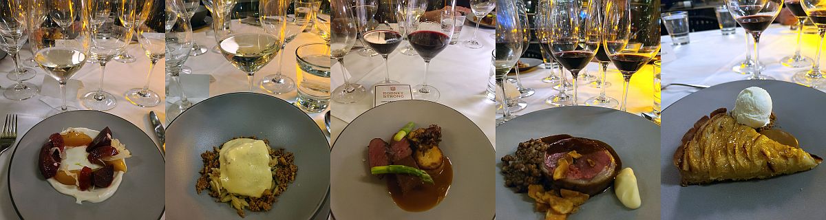 Roasted Baby Beet Salad, Butter Poached Lobster, Canadian Prime Beef Duo, Whole Roasted Lamb Saddle, and Spiral Apple Tart (L to R)