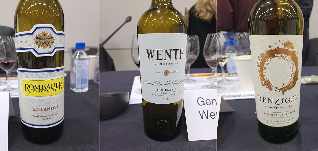 Rombauer Vineyards Zinfandel 2021, Wente Vineyards Mount Diablo Highlands Red Blend 2021, and Benziger Family Winery Cabernet Sauvignon 2022 wines