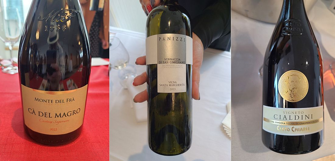 Monte del Frà Ca del Magro Custoza Superiore 2022, Panizzi Vernaccia di San Gimignano V. Santa Margherita 2023, and Cleto Chiarli Lambrusco Grasparossa di Castelvetro Vigna Cialdini 2023 wines