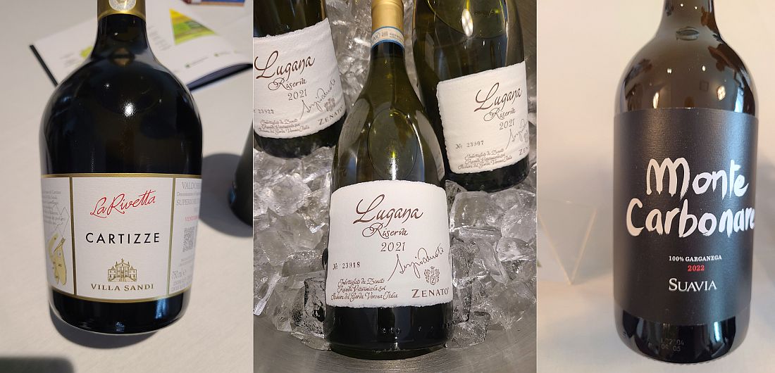Villa Sandi Valdobbiadene Superiore di Cartizze DOCG La Rivetta 2023, Zenato Lugana Sergio Zenato Riserva 2021, and Suavia Monte Carbonare 2022 wines