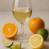 A glass of wine surrounded by citrus fruits