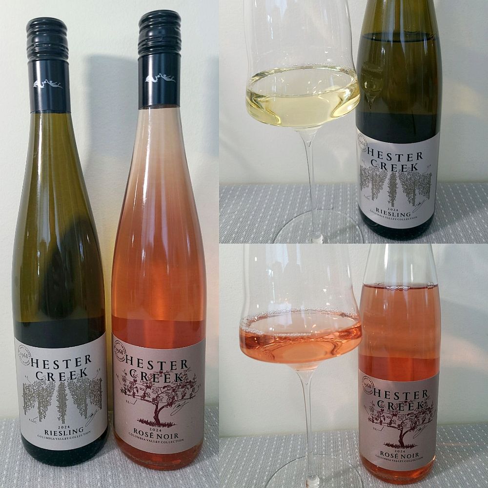 Hester Creek Estate Winery Columbia Valley Collection Riesling 2024 and Rosé Noir 2024 with wines in glasses