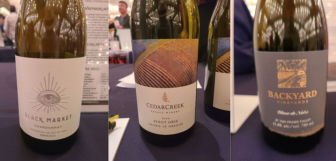 Black Market Wine Co. Chardonnay 2023, CedarCreek Estate Winery Pinot Gris 2024, and Backyard Vineyards Blanc de Noirs, NV wines