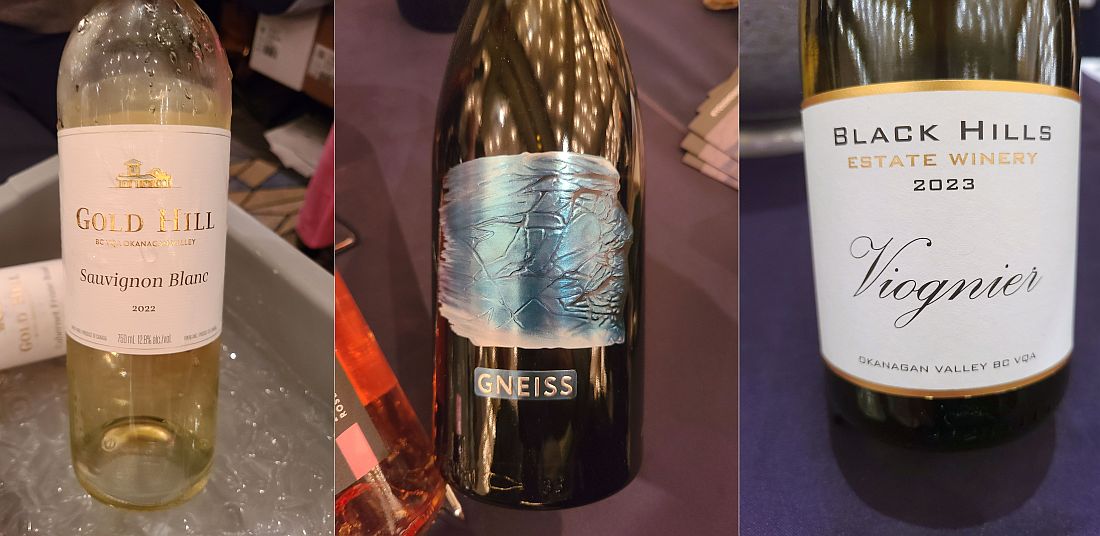 Gold Hill Winery Sauvignon Blanc 2022, Gneiss Wines Pinot Gris 2023, and Black Hills Estate Winery Viognier 2023 wines