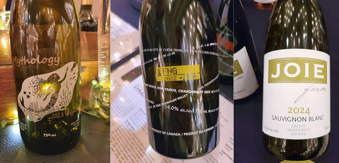 Mythology Vineyard Viognier 2023, Laughing Stock Vineyards Chardonnay 2022, and Joie Farm Sauvignon Blanc 2024 wines