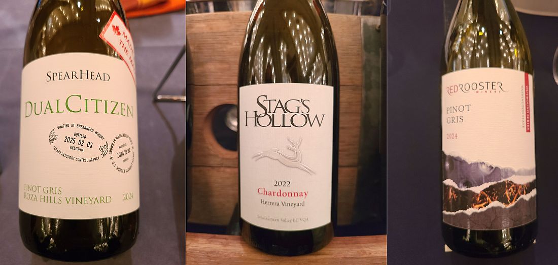 SpearHead Winery DualCitizen Pinot Gris 2024, Stag's Hollow Winery Chardonnay 2022, and Red Rooster Winery Pinot Gris 2024 wines