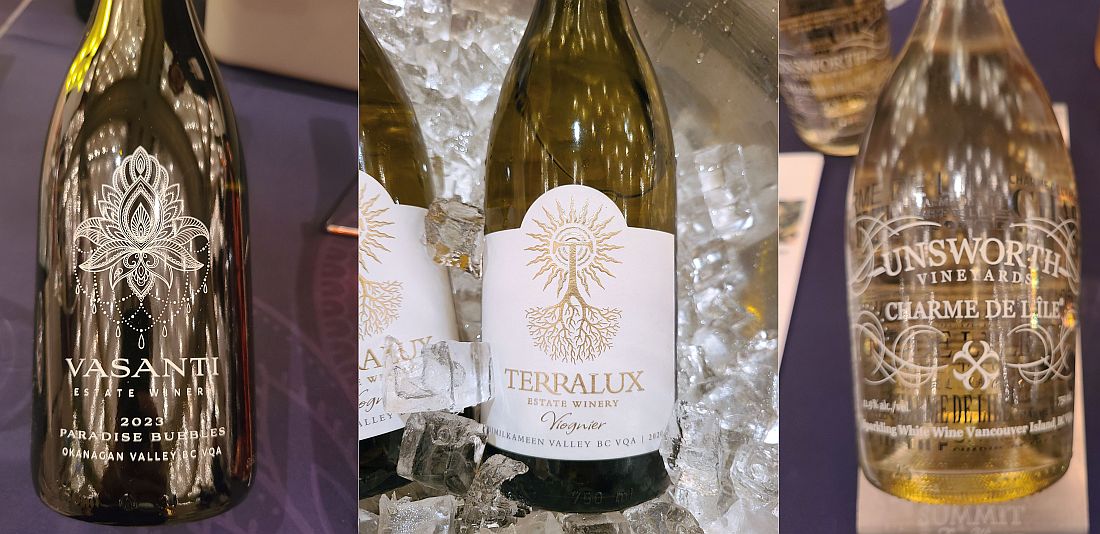 Vasanti Estate Winery Paradise Bubbles 2023, Terralux Estate Winery Viognier 2020, and Unsworth Vineyard Charme de L'ile wines
