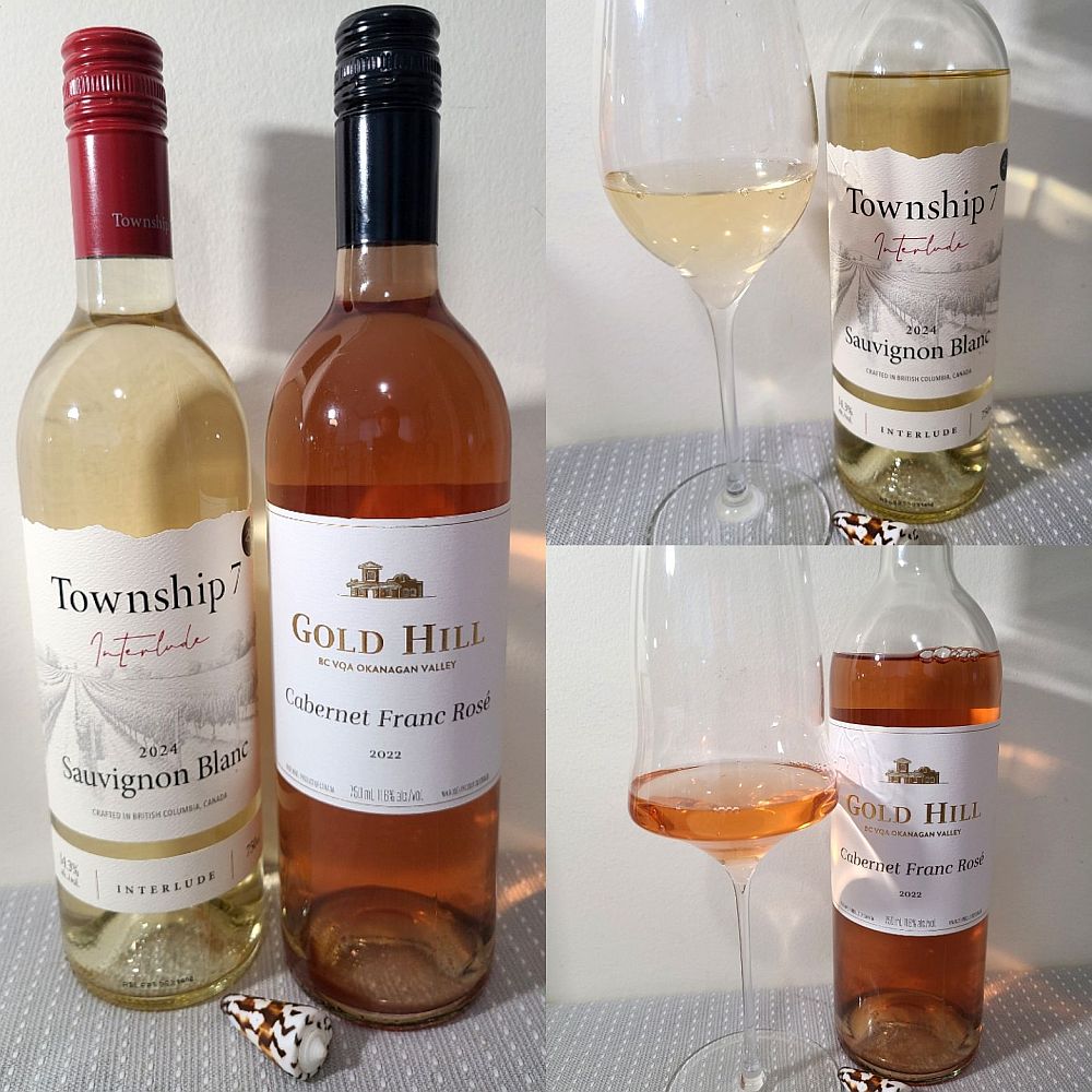 Township 7 Interlude Sauvignon Blanc 2024 and Gold Hill Winery Cabernet Franc Rosé 2022 with wines in glasses