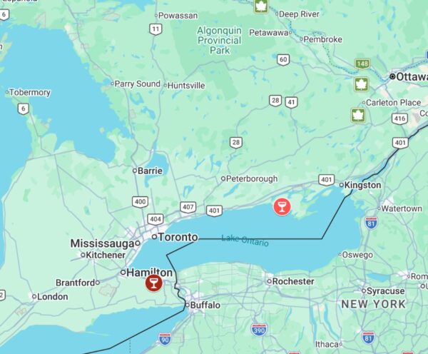 Two Southern Ontario Wineries (Map data courtesy Google)