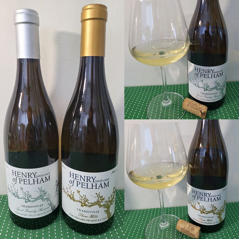 Henry of Pelham Three Hills Reserve Chardonnay 2025 and Speck Family Reserve Reserve Chardonnay 2024 with wines in glasses