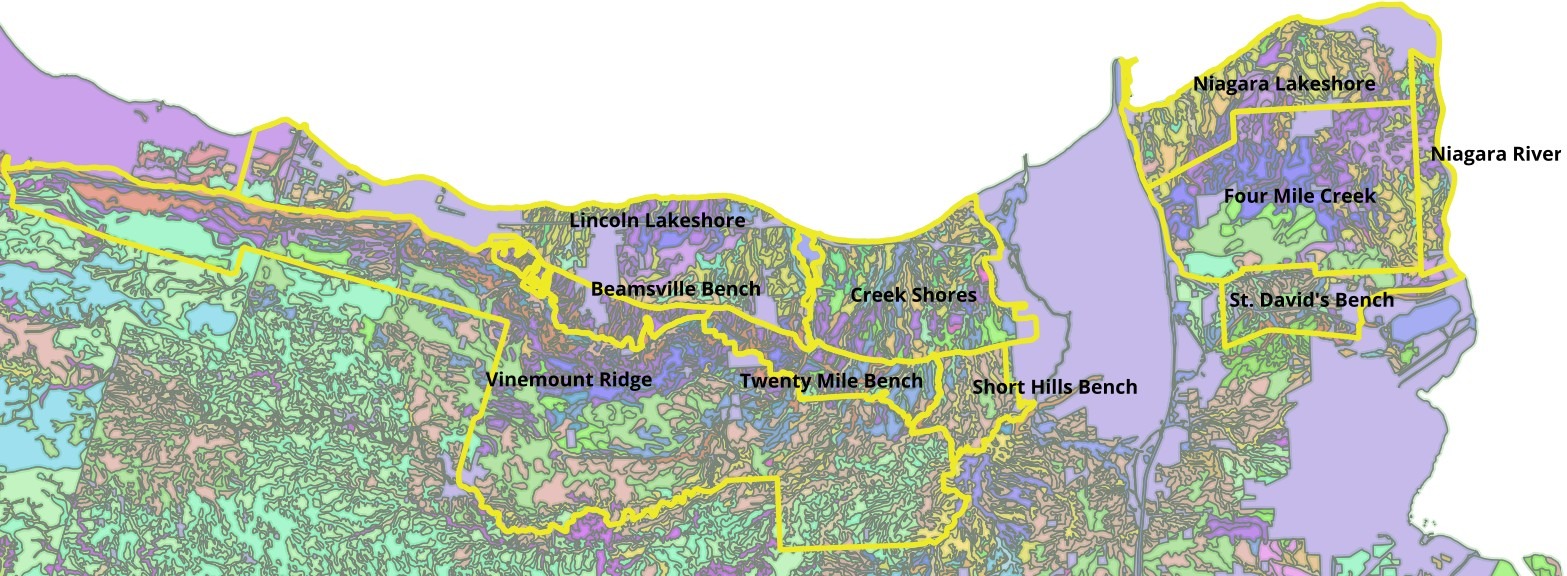Overview graphic of Niagara Sub Appellations overlain on Ontario Soil Survey polygons