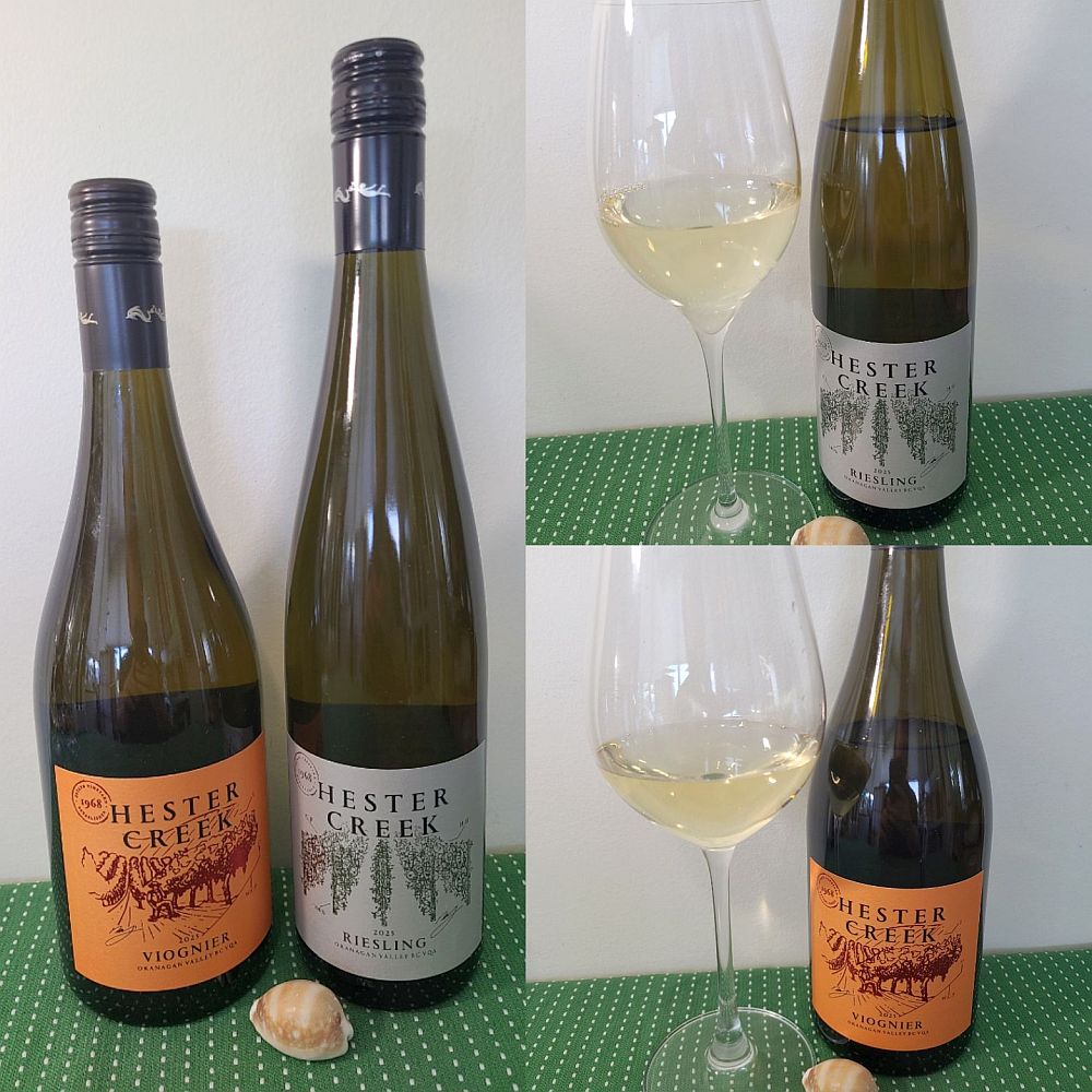 Hester Creek Estate Winery Viognier 2025 and Riesling 2025 with wines in glasses