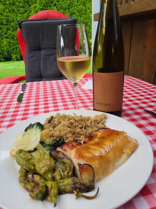 Monte Creek Winery Frontenac Gris 2024 served with miso-glazed sablefish