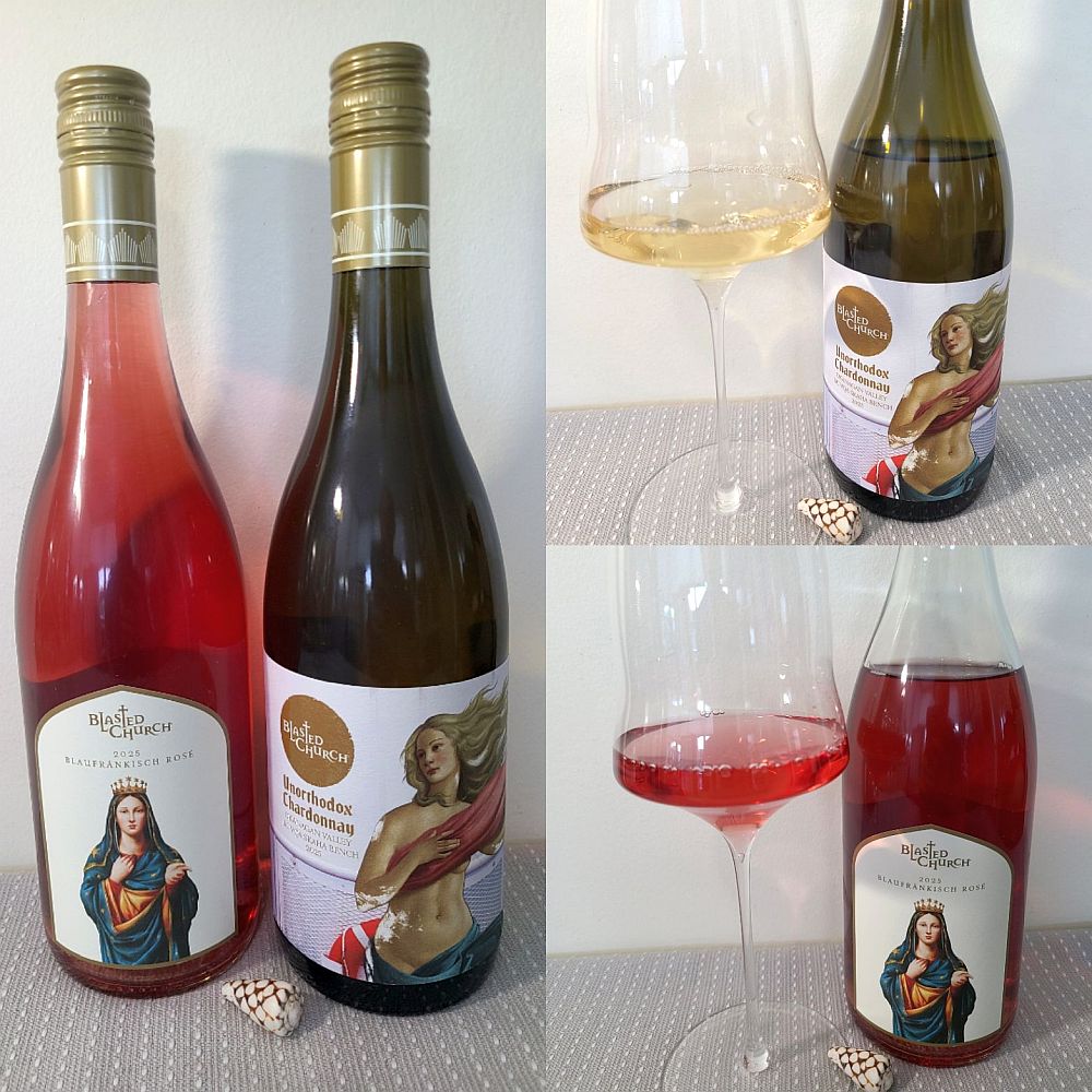 Blasted Church Vineyards Renaissance Series Blaufränkisch Rosé 2025 and Unorthodox Chardonnay 2025 with wines in glasses