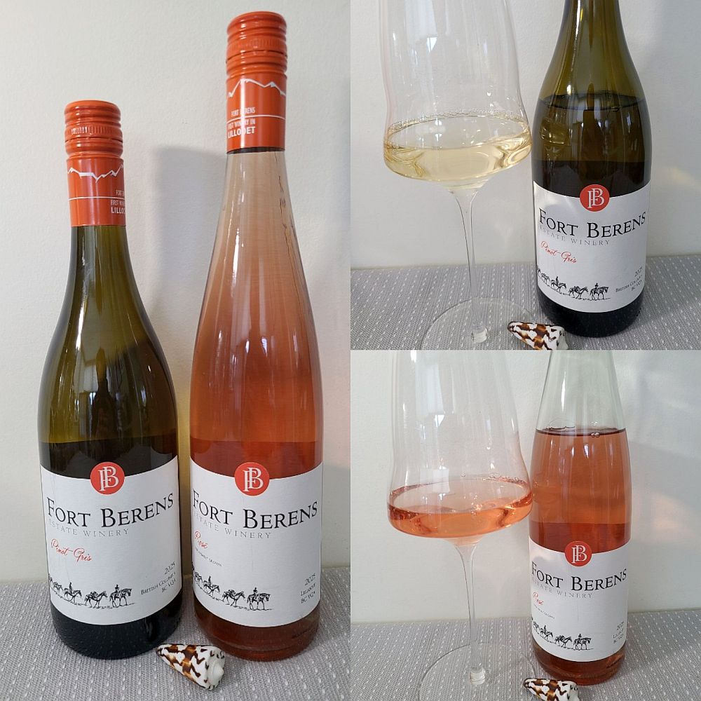 Fort Berens Estate Winery Pinot Gris 2025 and Rosé 2025 with wines in glasses