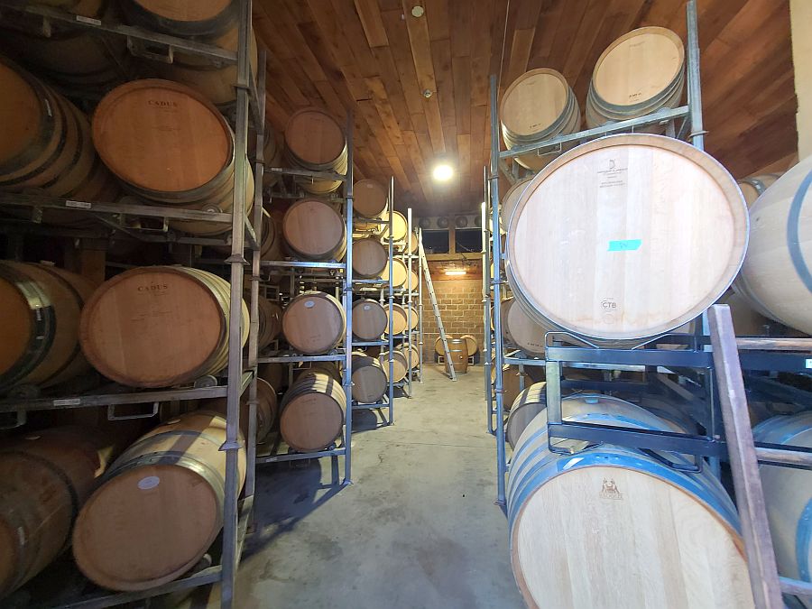 Some barrels in the barrel room at Chaberton Estate Winery