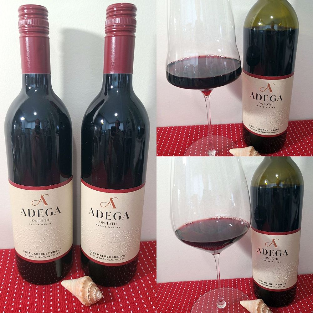 Adega on 45th Estate Winery Cabernet Franc 2023 and Malbec Merlot 2022 with wines in glasses