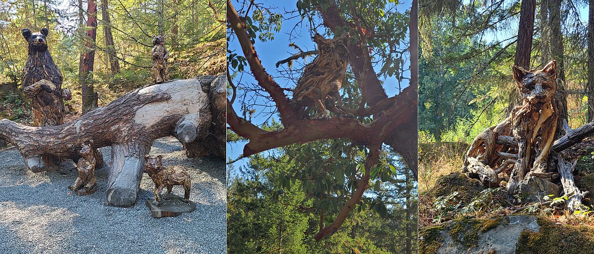 Bears, owl, and wolf wooden sculptures at Malahat SkyWalk