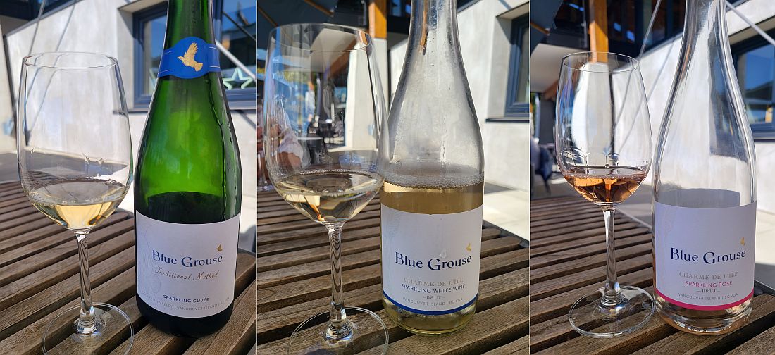 Blue Grouse Estate Winery Sparkling Cuvee 2020, Charme de L'ile Brut Sparkling White, and Charme de L'ile Sparkling Rosé Brut wines