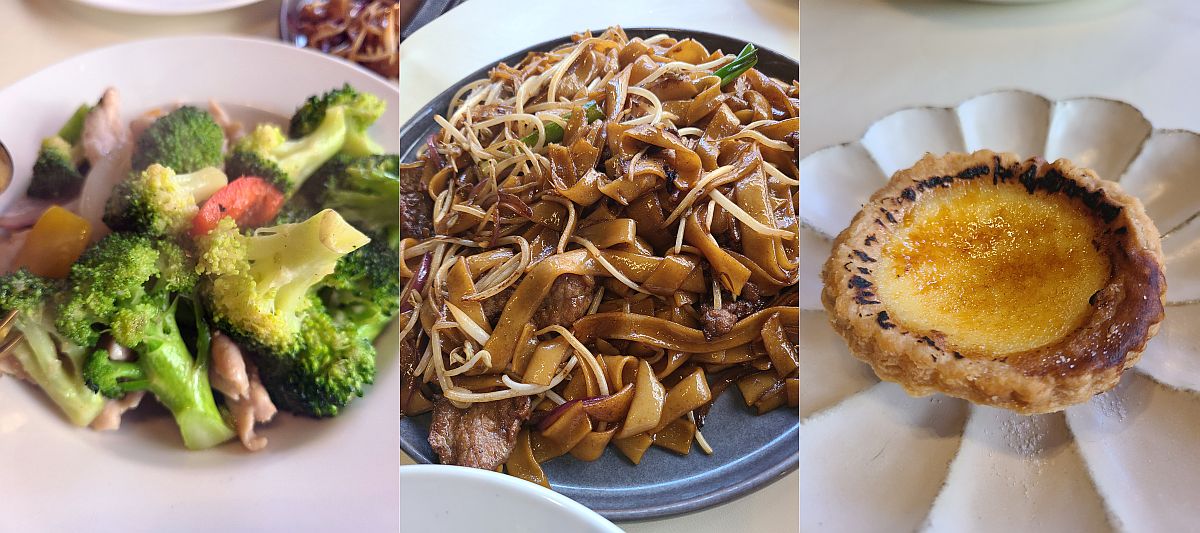 Flat noodles with beef, broccoli with sliced meats, and torched egg tart at March Restaurant