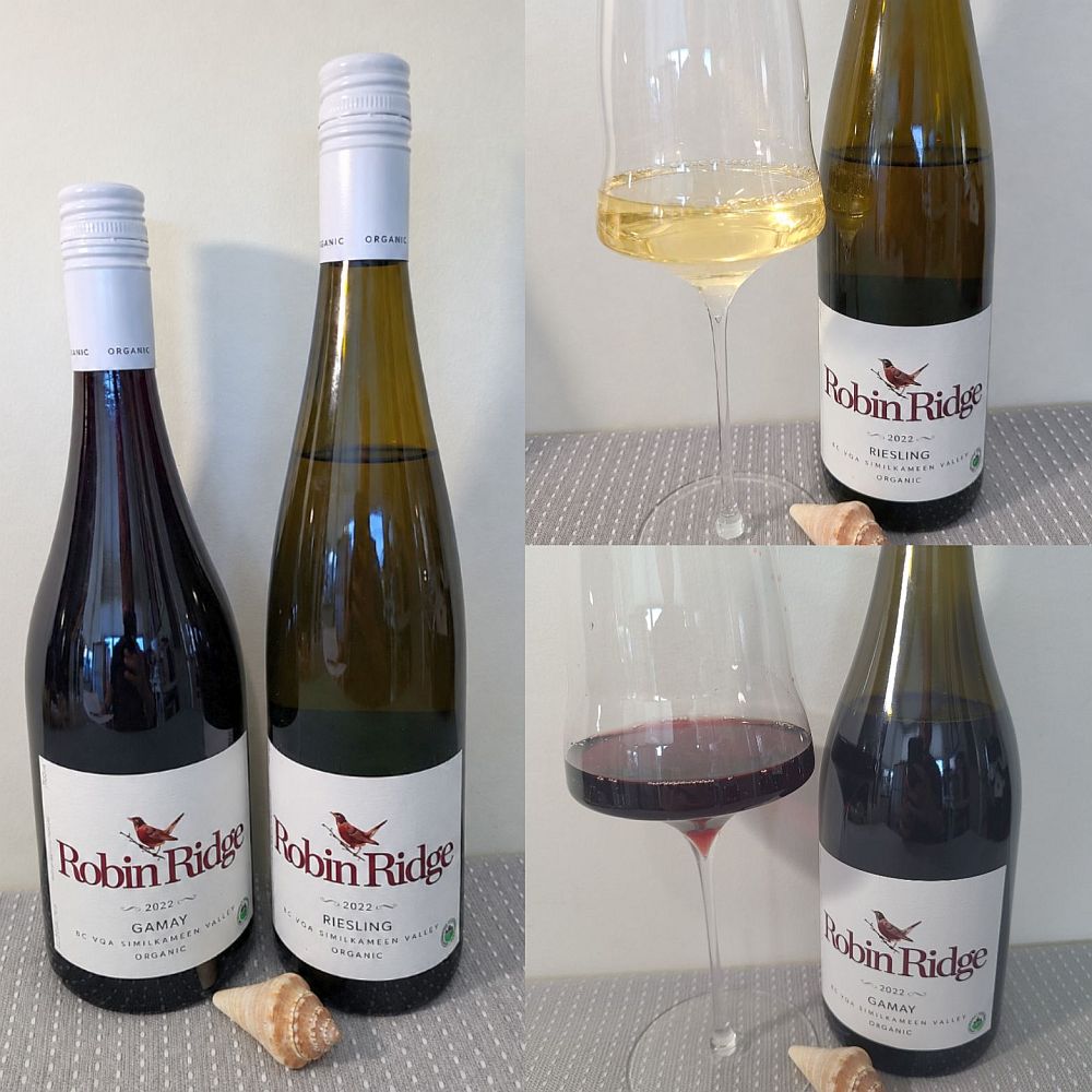 Robin Ridge Winery Gamay and Riesling 2022 with wines in glasses