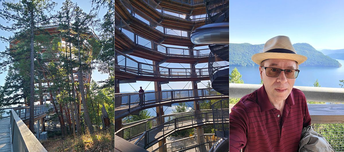 The Malahat SkyWalk tower, walking inside the tower, taking a selfie partway up the walk