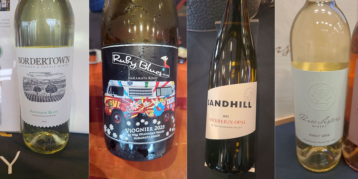 Bordertown Vineyards & Estate Winery Sauvignon Blanc 2025, Ruby Blues Winery Viognier 2025, Sandhill Wines Sovereign Opal 2025, and Three Sisters Winery Pinot Gris 2025 wines