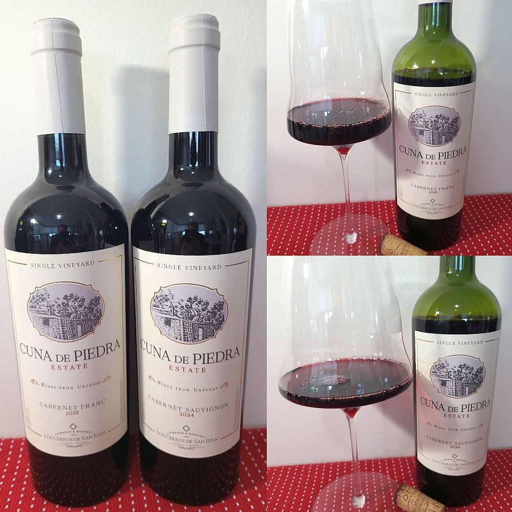 Cuna de Piedra Estate Single Vineyard Cabernet Franc 2023 and Cabernet Sauvignon 2024 with wines in glasses