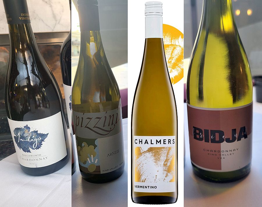 Indigo Beechworth Chardonnay 2025, Pizzini Arneis 2025, Chalmers Vermentino 2025, and Bidja Chardonnay 2024 wines
