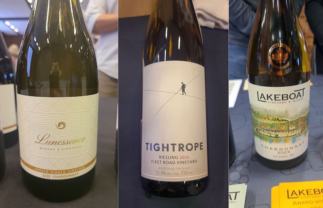 Lunessence Winery & Vineyard Chardonnay 2025, Tightrope Winery Riesling 2025, and Lakeboat Vineyard Chardonnay 2023 wines