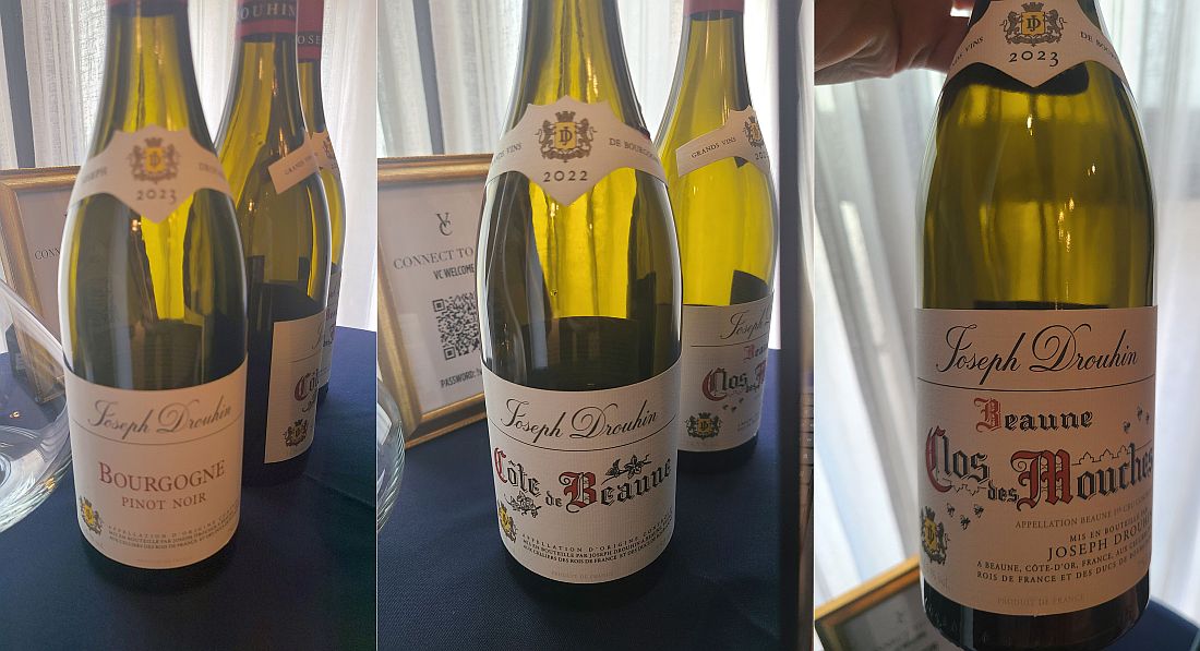 Maison Joseph Drouhin Bourgogne Pinot Noir 2023, Cote de Beaune Rouge 2022, and Beaune Clos des Mouches Rouge 2023 wines