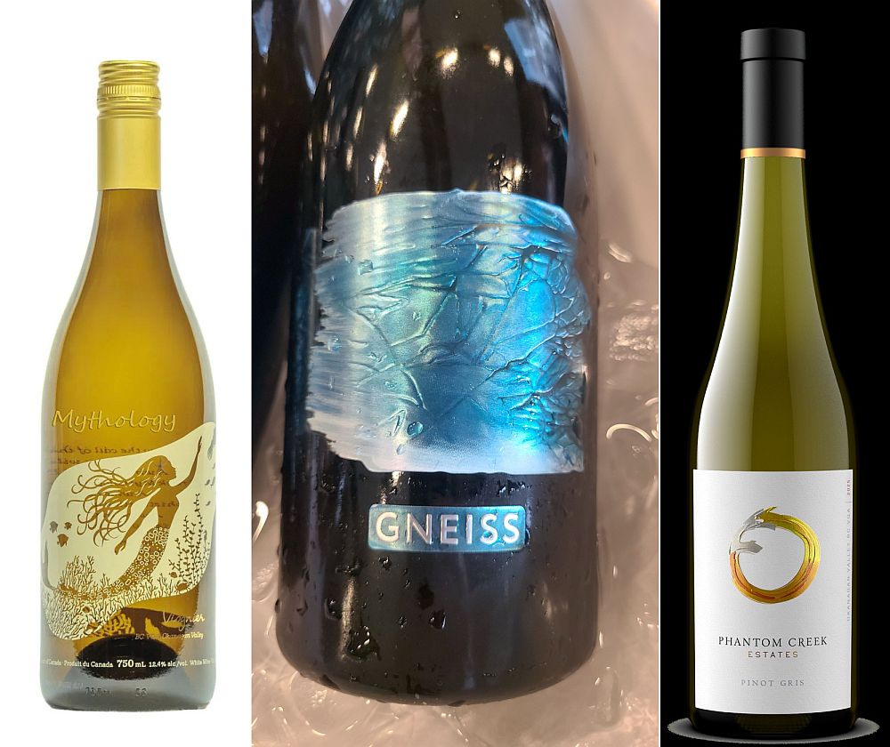 Mythology Vineyard Viognier 2025, Gneiss Wines Single Vineyard Series Viognier 2025, and Phantom Creek Estate Pinot Gris 2025 wines