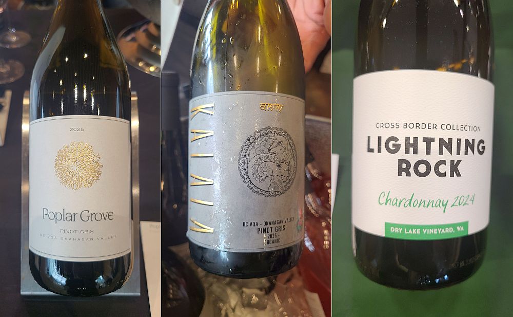 Poplar Grove Pinot Gris 2025, Kalala Organic Estate Winery Pinot Gris 2025, and Lightning Rock Cross Border Collection Chardonnay 2024 wines