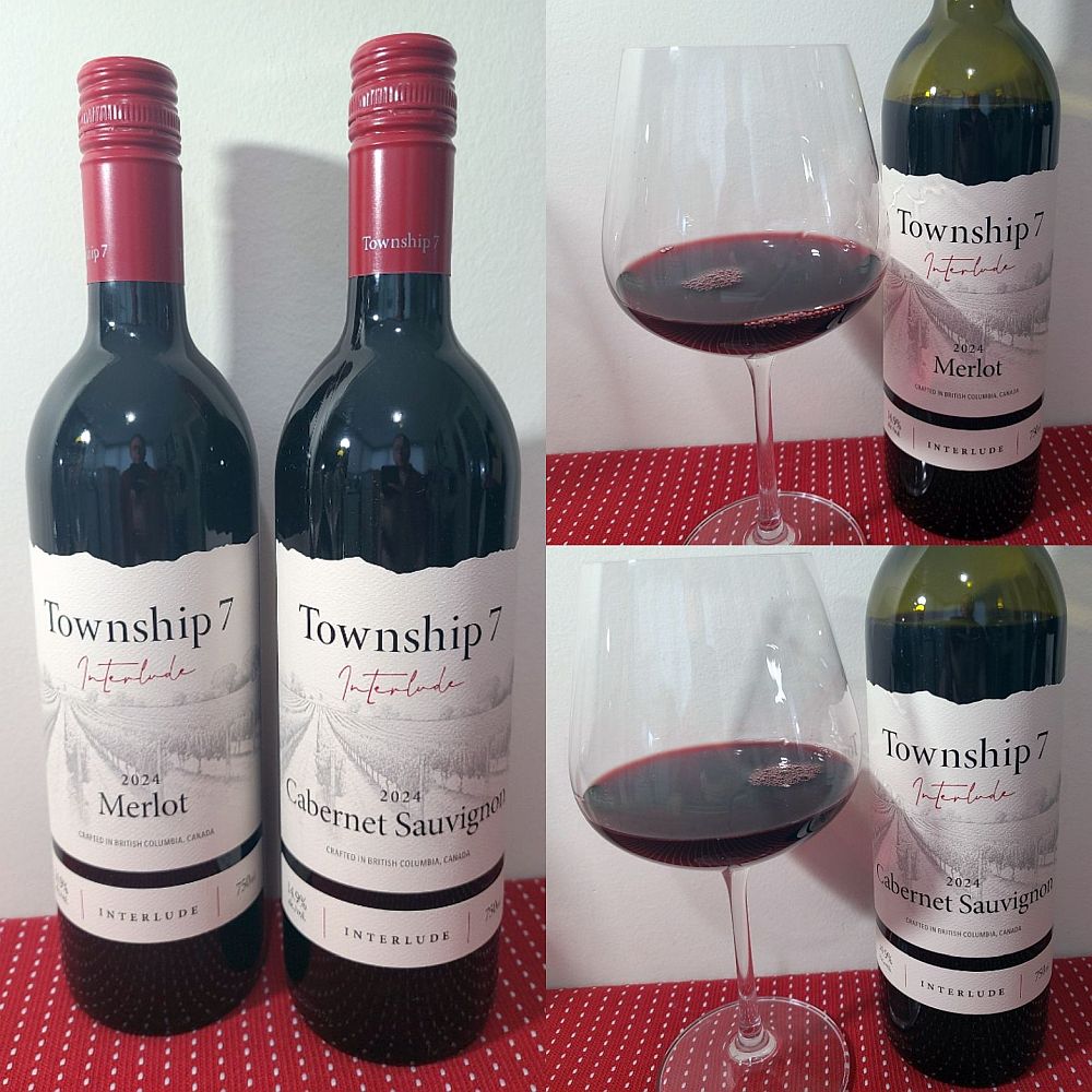 Township 7 Vineyards & Winery Interlude Merlot 2024 and Interlude Cabernet Sauvignon 2024 with wines in glasses